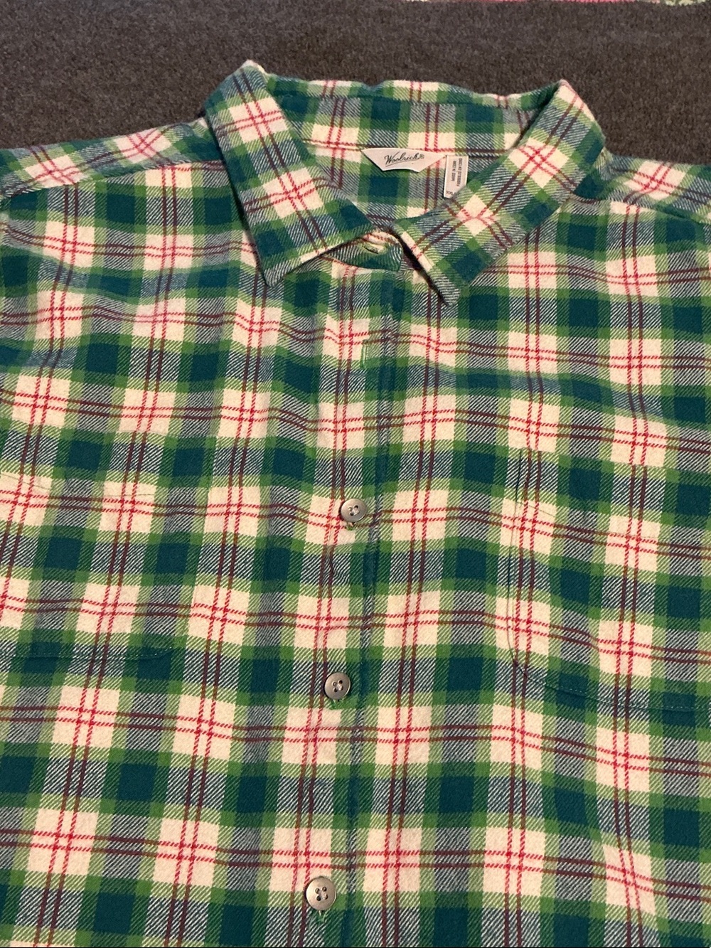 Women’s Woolrich Green Plaid Button-Down Shirt with White and Red Accents